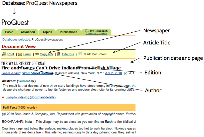 mla format in text citation newspaper article