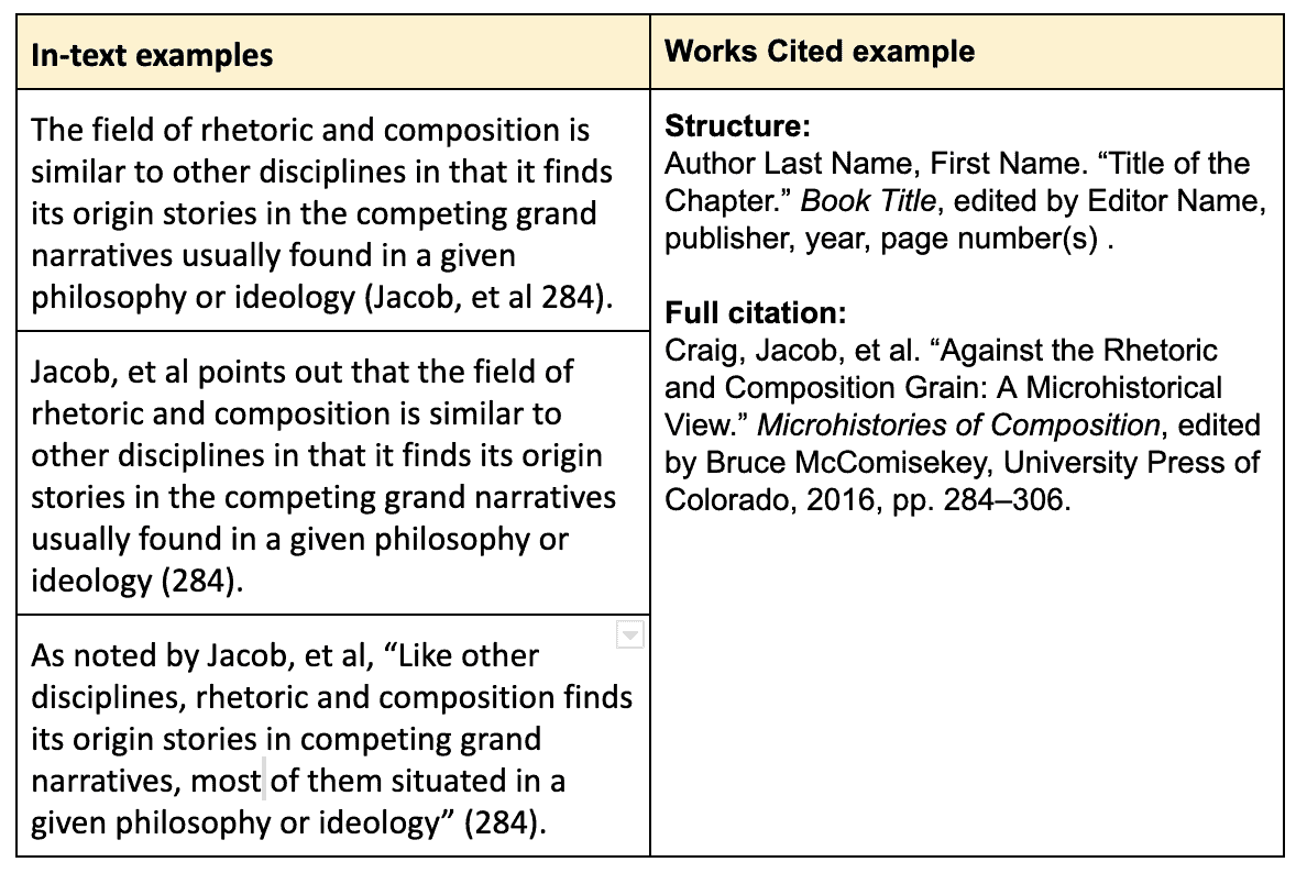 in text citation book chapter mla