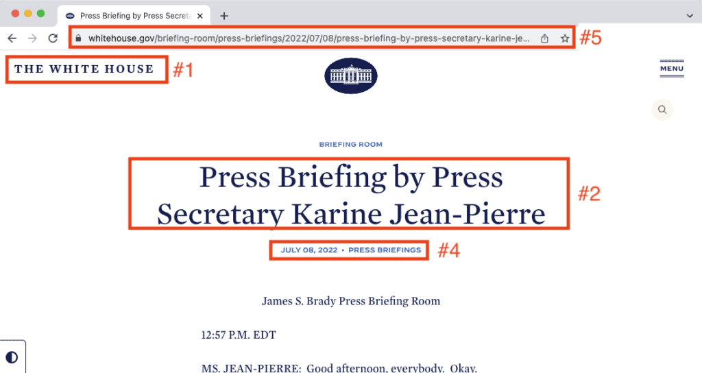 Image detailing where to find citation information from a press briefing transcript